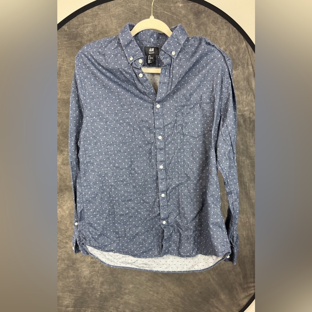 H&M Men’s Blue Polka Dot Flannel Button-Down Shirt | Large